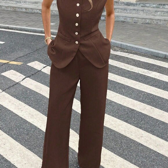Brown Casual Women's Plain Front Button Sleeveless Top And Long Pants Set - Picture 6 of 8